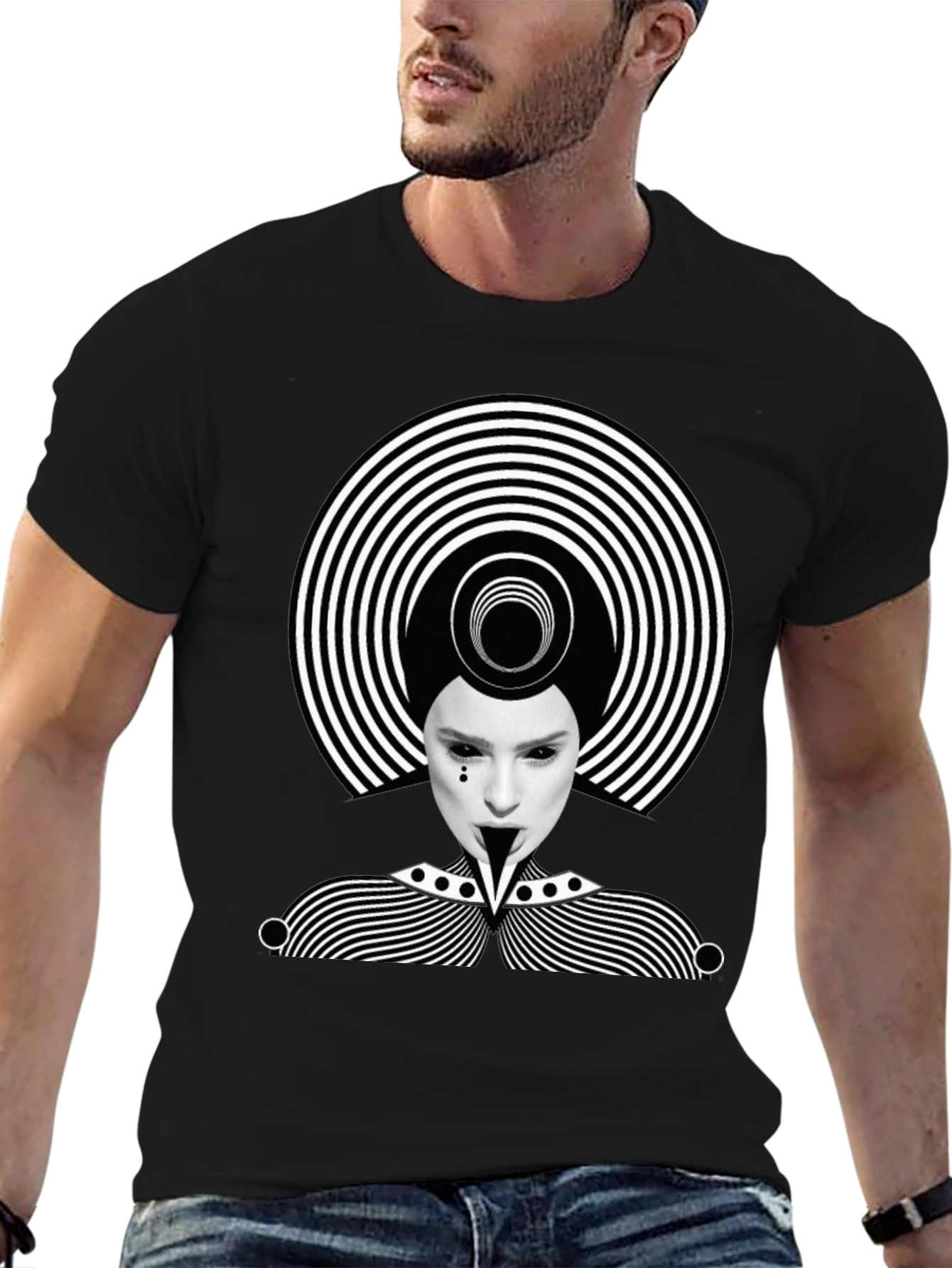 Mens Black Graphic Tee - Abstract Illusion Design