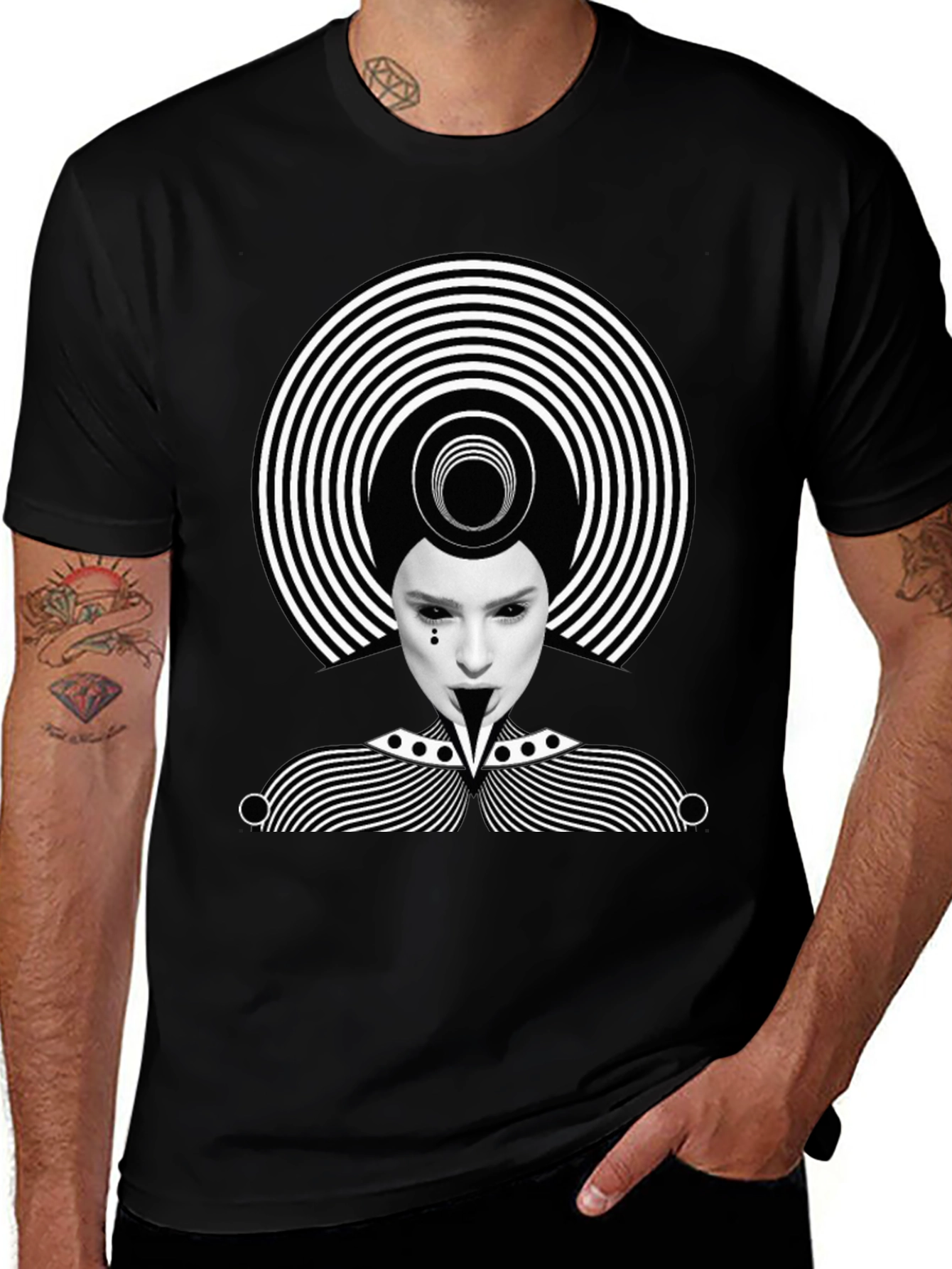 Mens Black Graphic Tee - Abstract Illusion Design