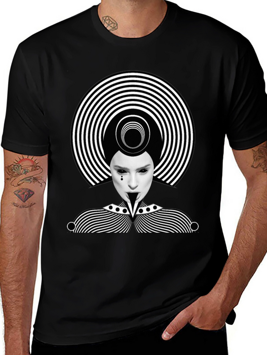 Mens Black Graphic Tee - Abstract Illusion Design
