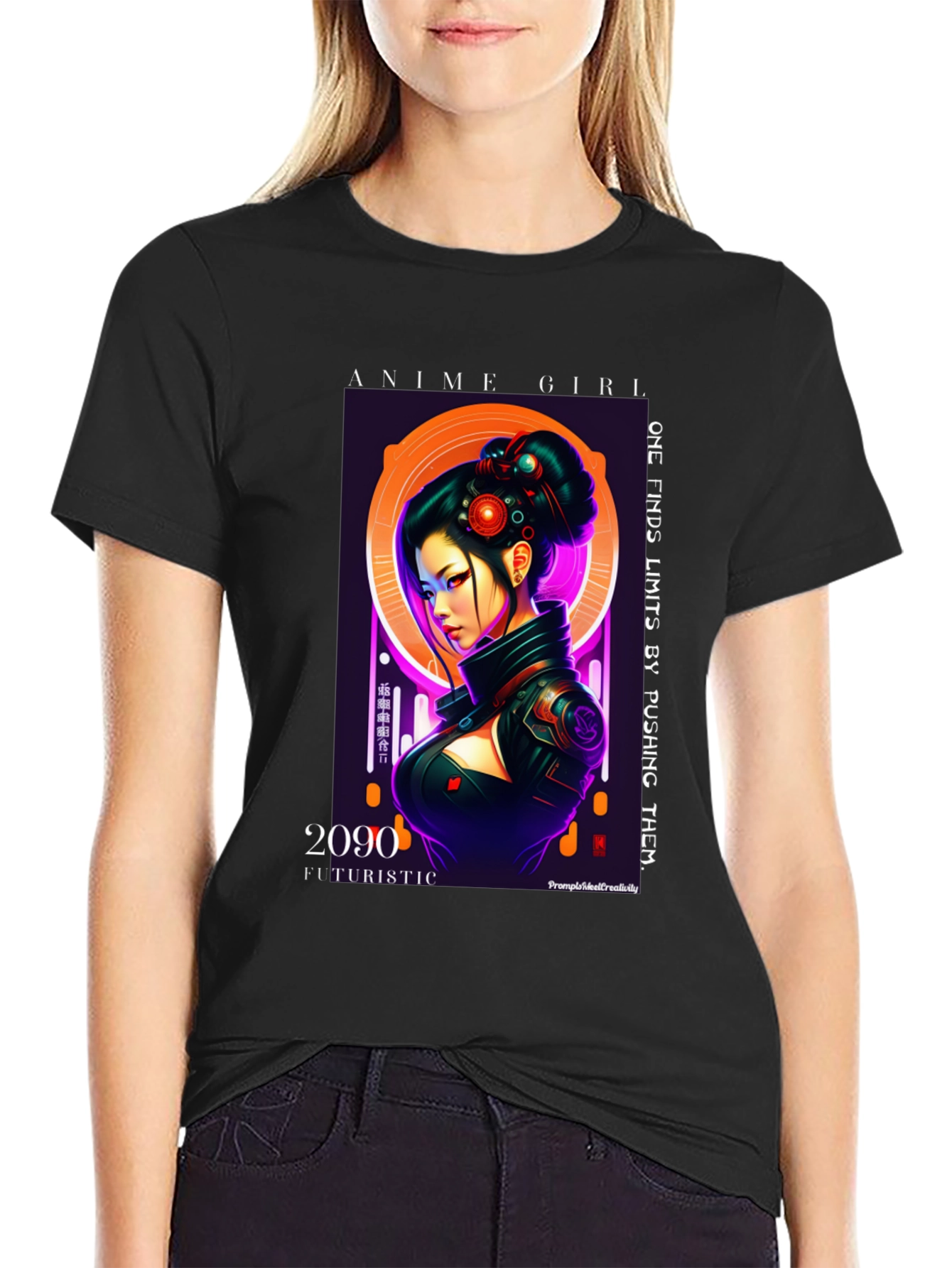 Anime Girl Futuristic 2090 Black T-Shirt