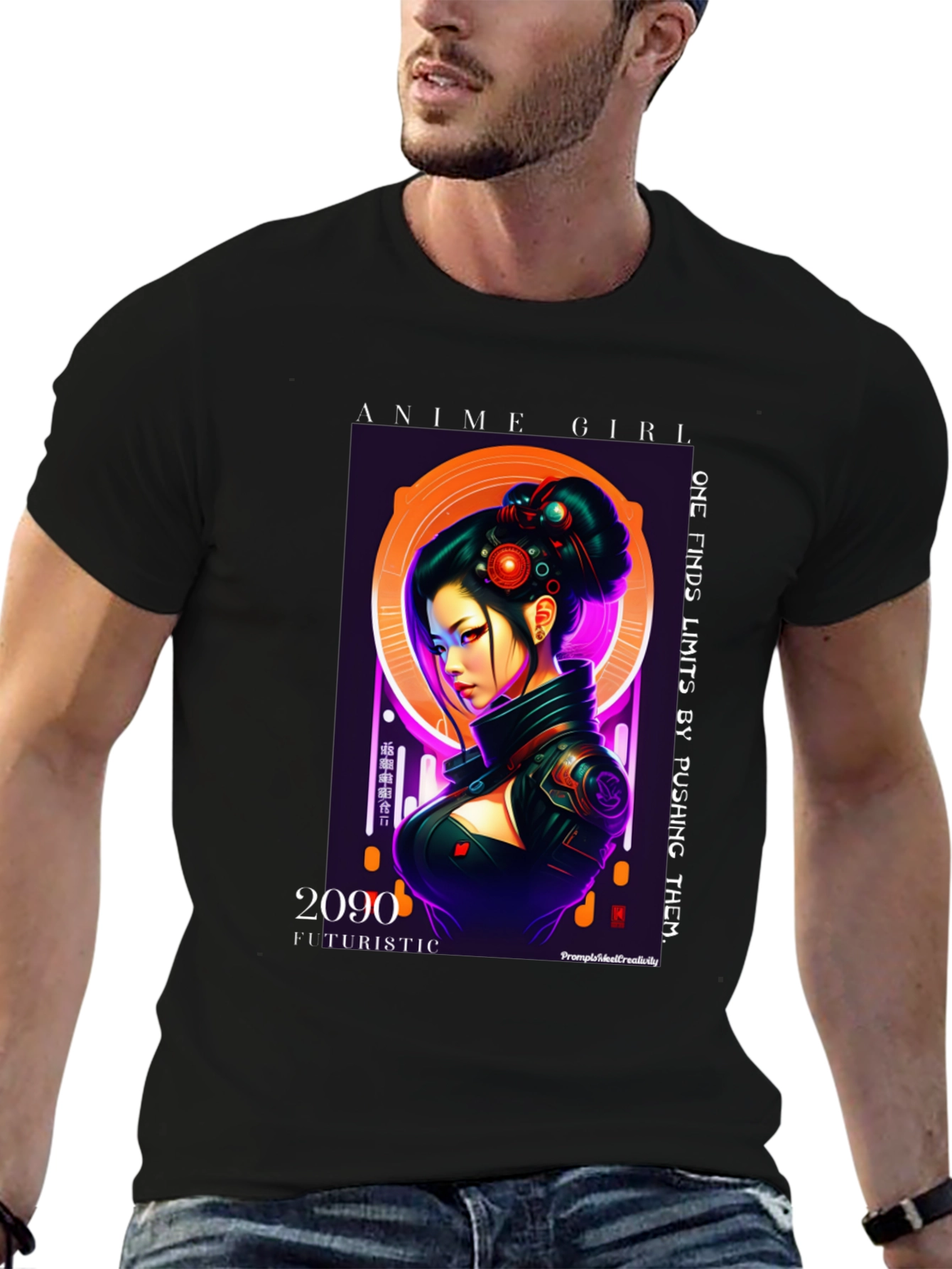 Anime Girl Futuristic 2090 Black T-Shirt