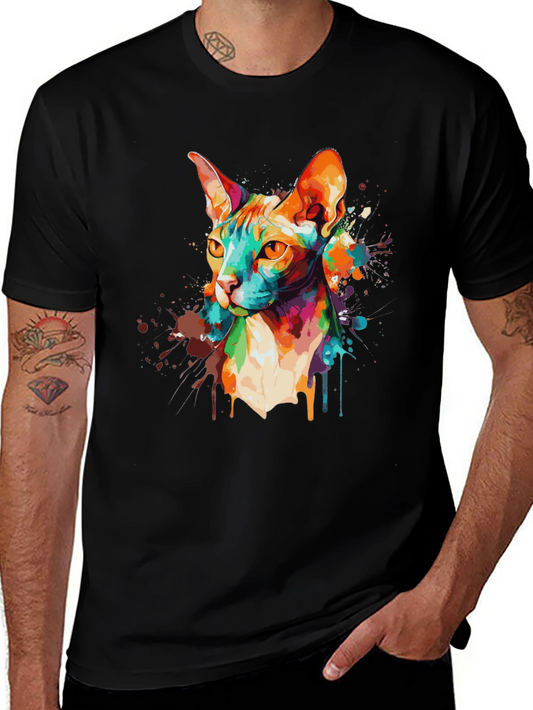 Colorful Cat Graphic Black T-Shirt