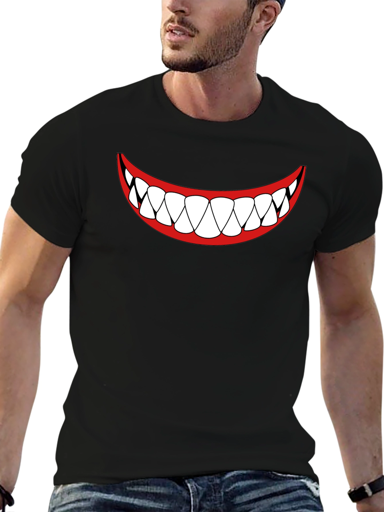 Mens Black T-Shirt - Cartoon Teeth Smile Design