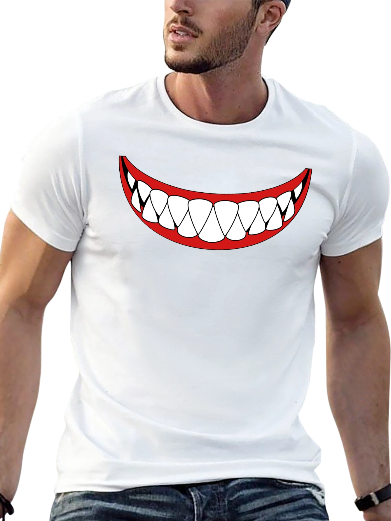 Mens Black T-Shirt - Cartoon Teeth Smile Design