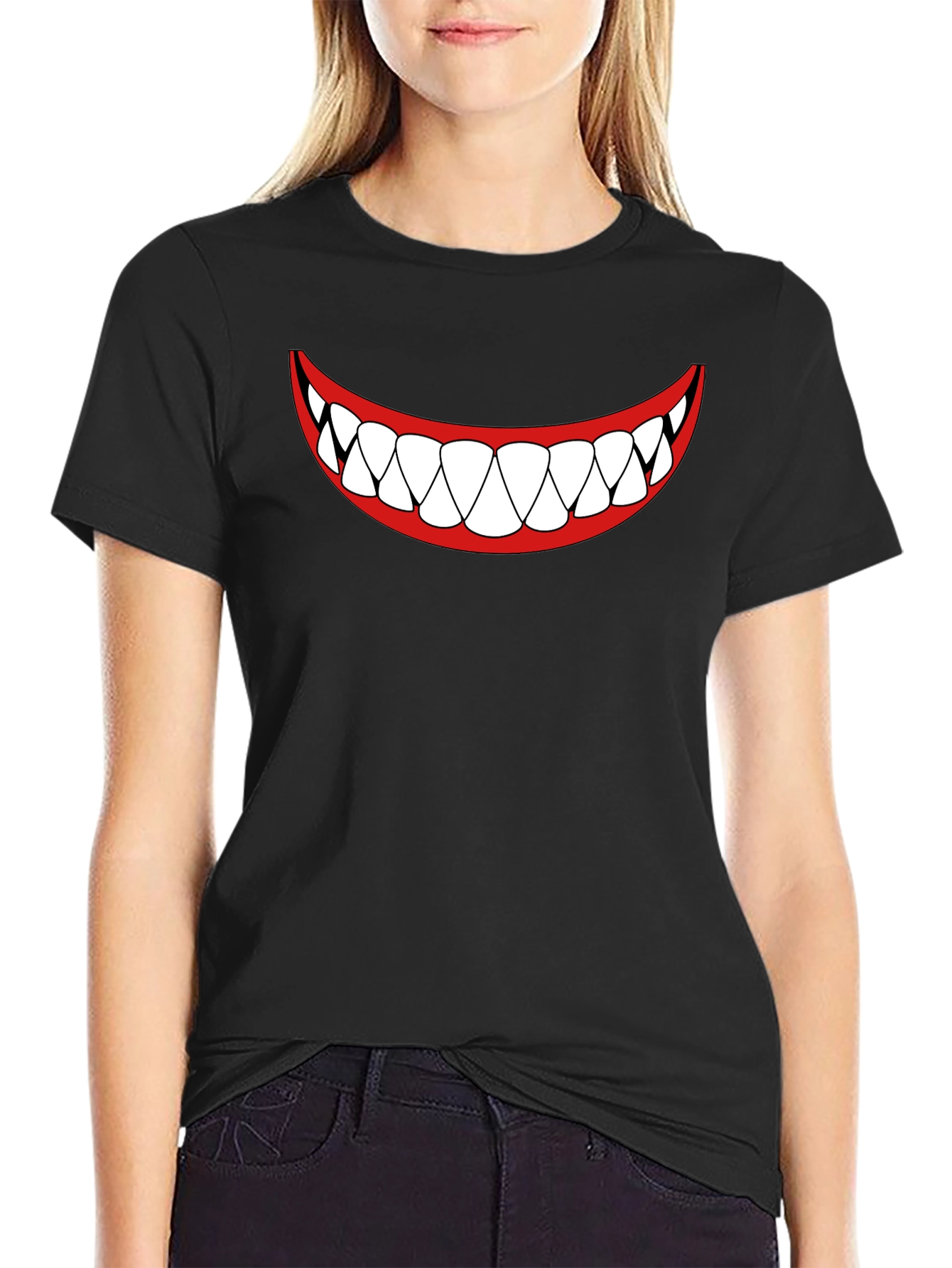 Mens Black T-Shirt - Cartoon Teeth Smile Design