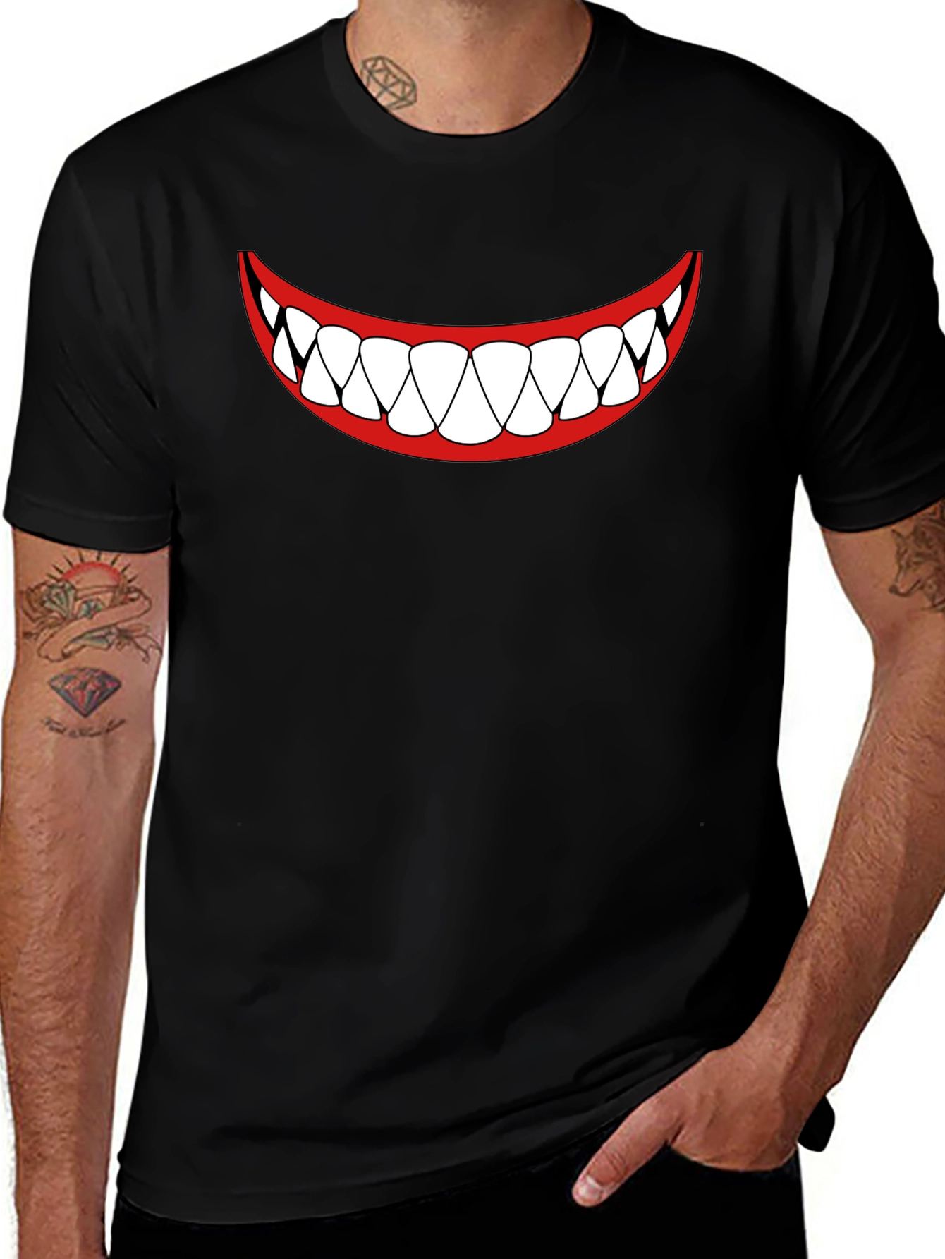 Mens Black T-Shirt - Cartoon Teeth Smile Design
