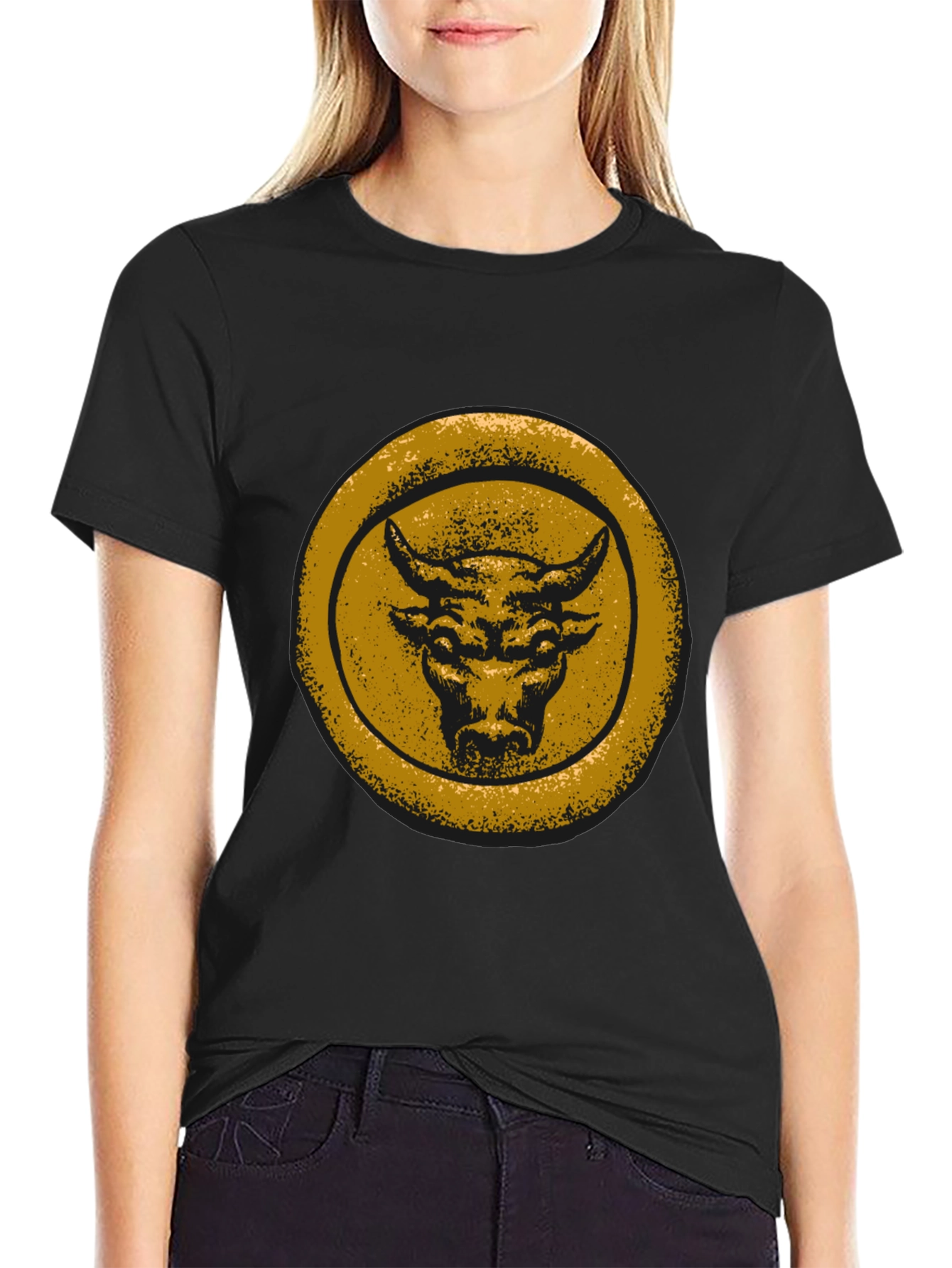 Bull Graphic Tee - Distressed Gold Print on Black