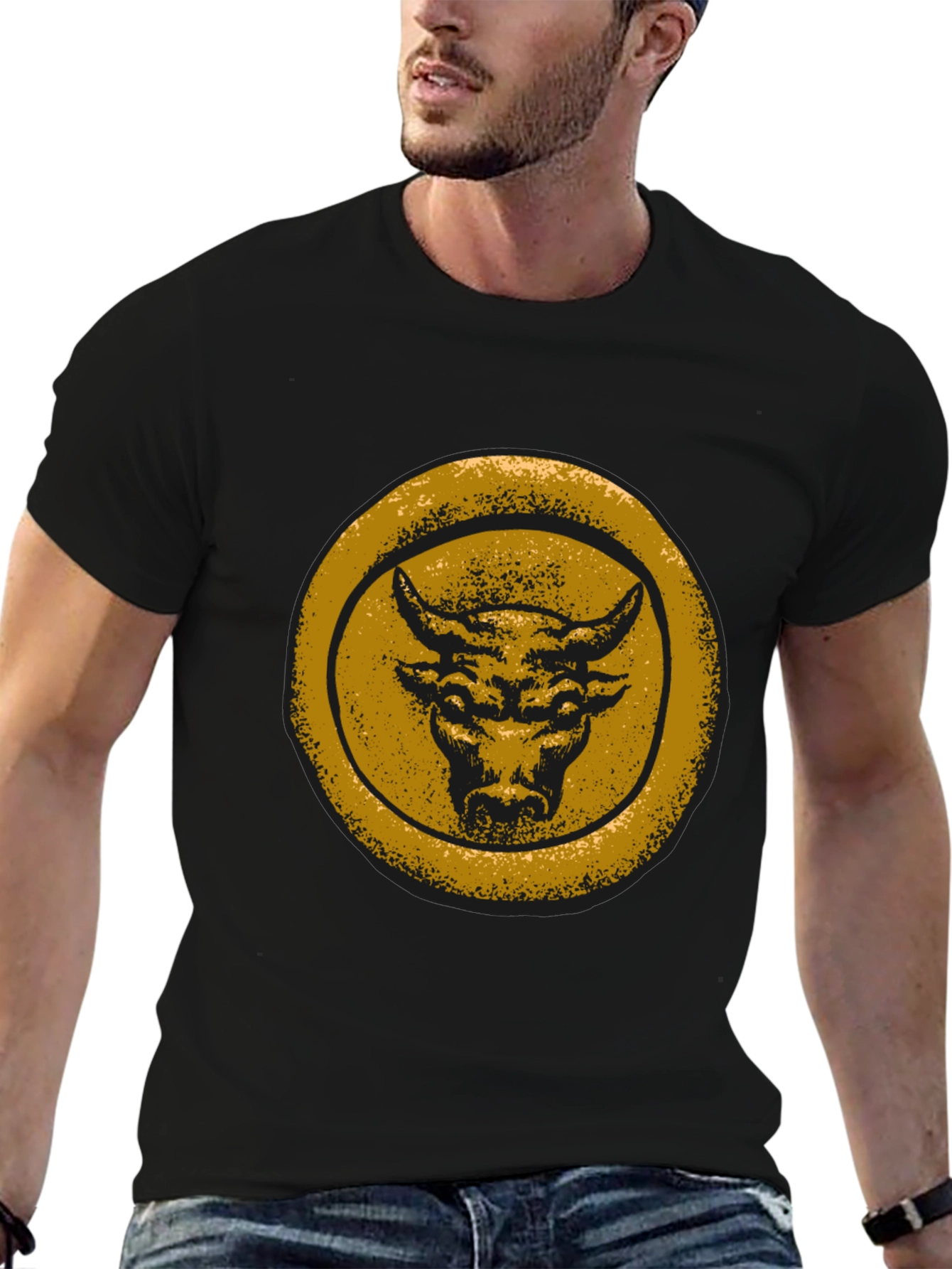 Bull Graphic Tee - Distressed Gold Print on Black