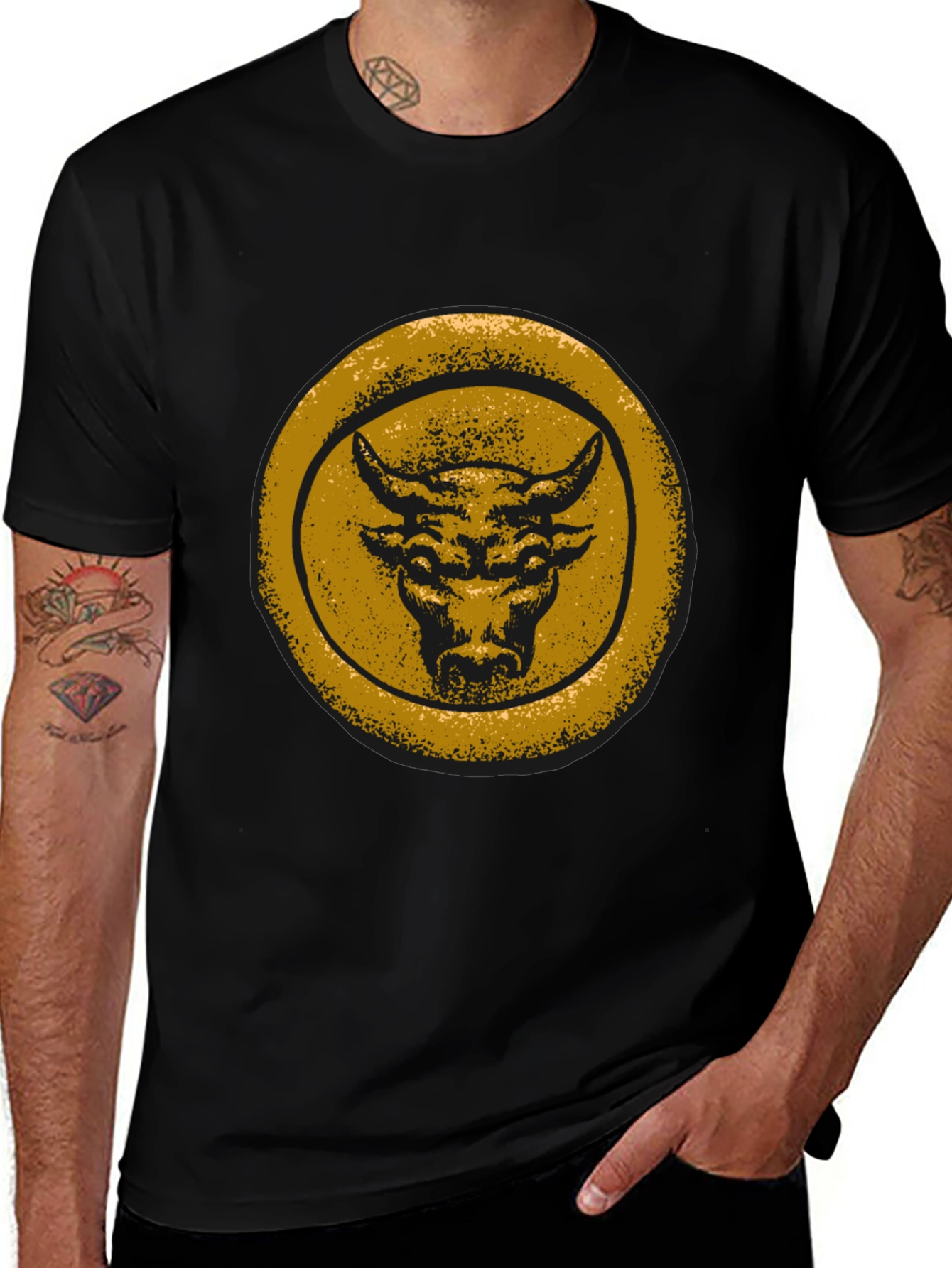 Bull Graphic Tee - Distressed Gold Print on Black