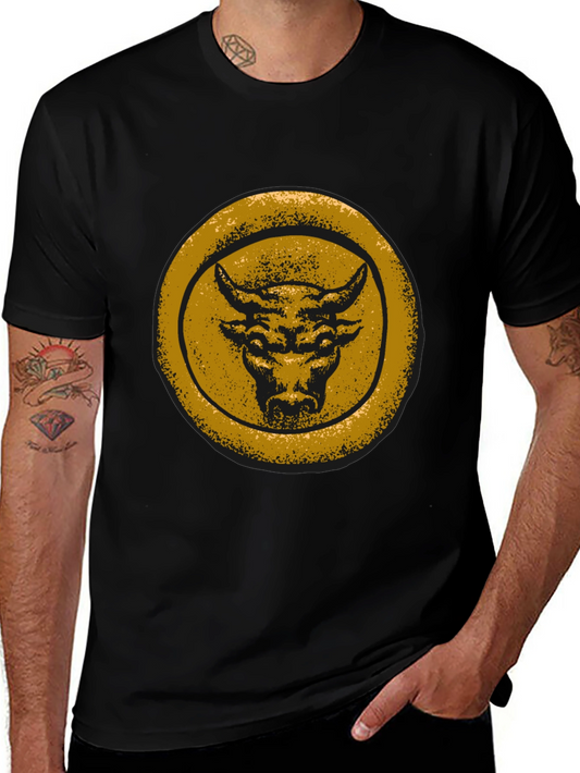 Bull Graphic Tee - Distressed Gold Print on Black