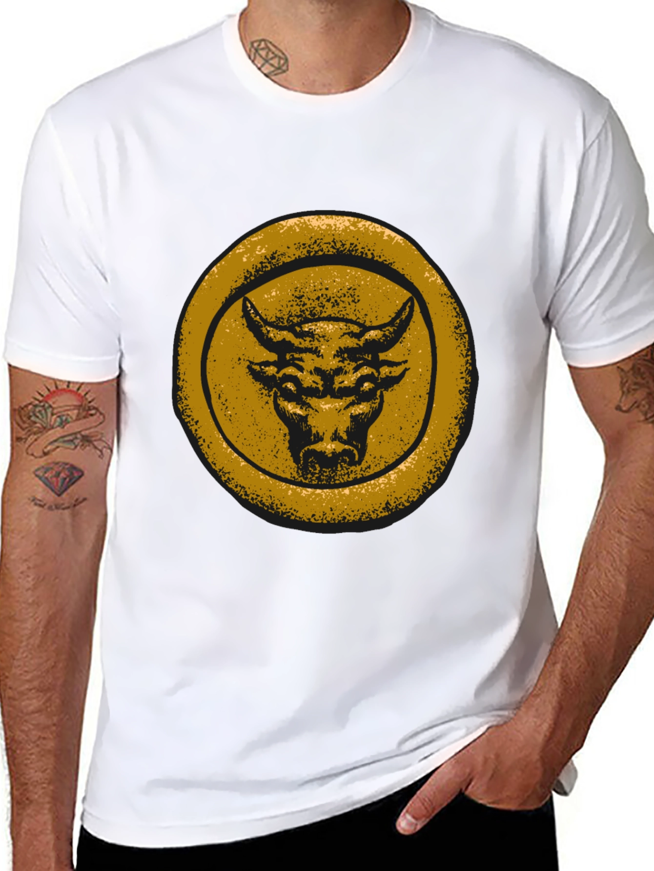 Bull Graphic Tee - Distressed Gold Print on Black