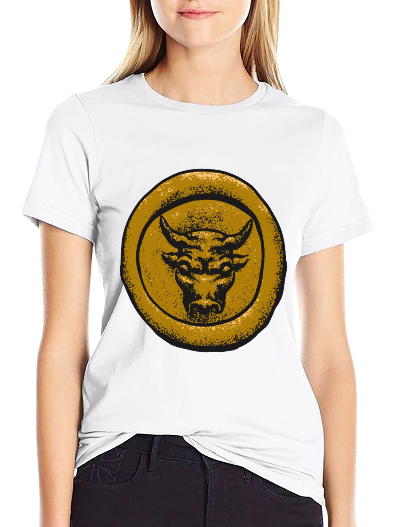 Bull Graphic Tee - Distressed Gold Print on Black
