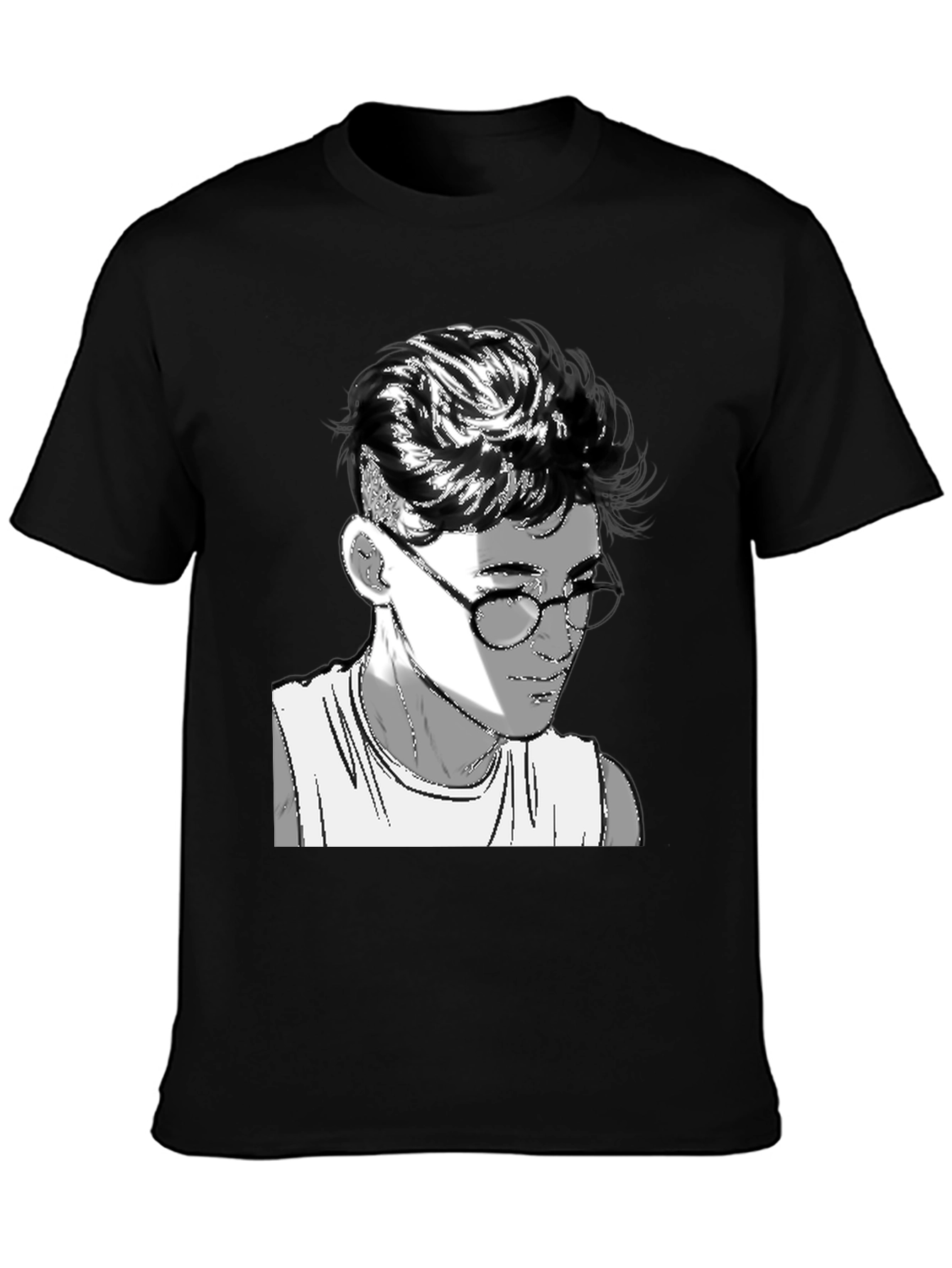 Mens Black Graphic Tee - Retro Anime Design