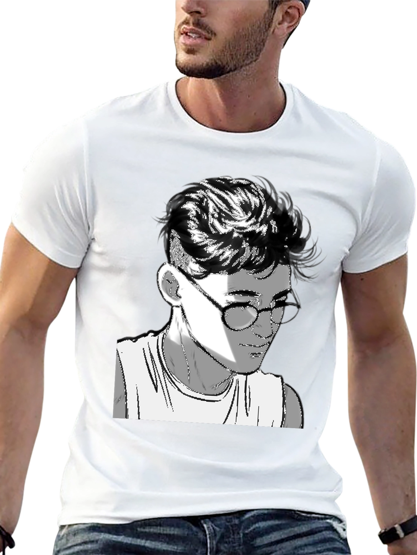 Mens Black Graphic Tee - Retro Anime Design