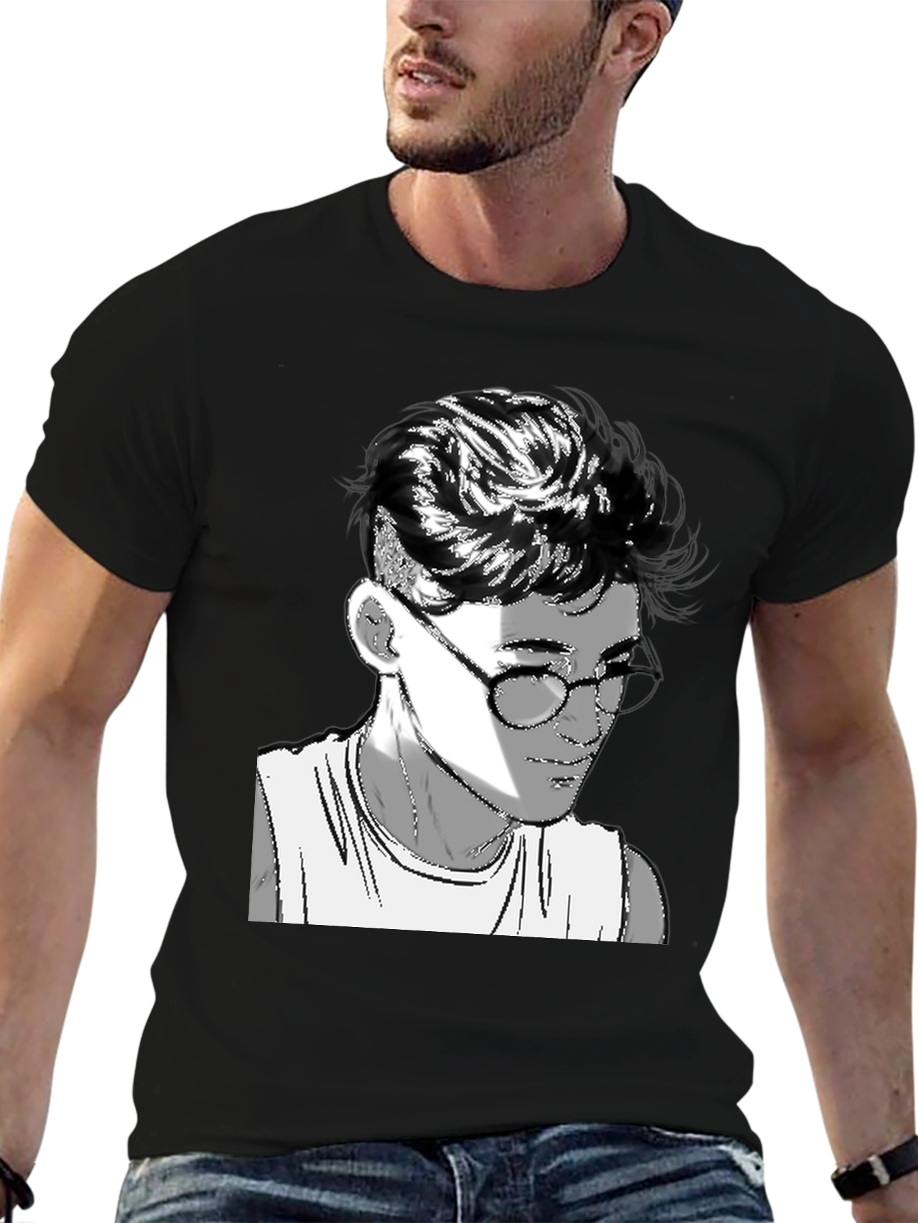 Mens Black Graphic Tee - Retro Anime Design