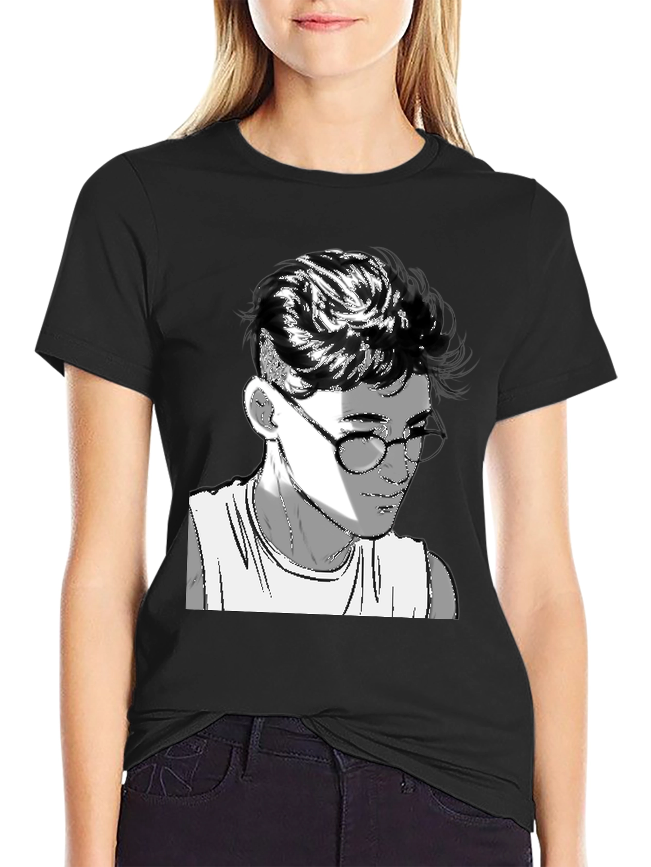 Mens Black Graphic Tee - Retro Anime Design