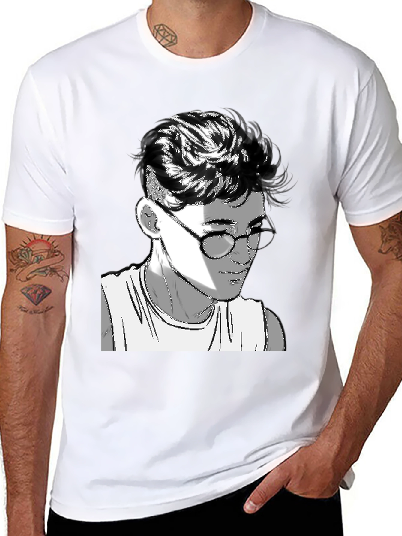 Mens Black Graphic Tee - Retro Anime Design