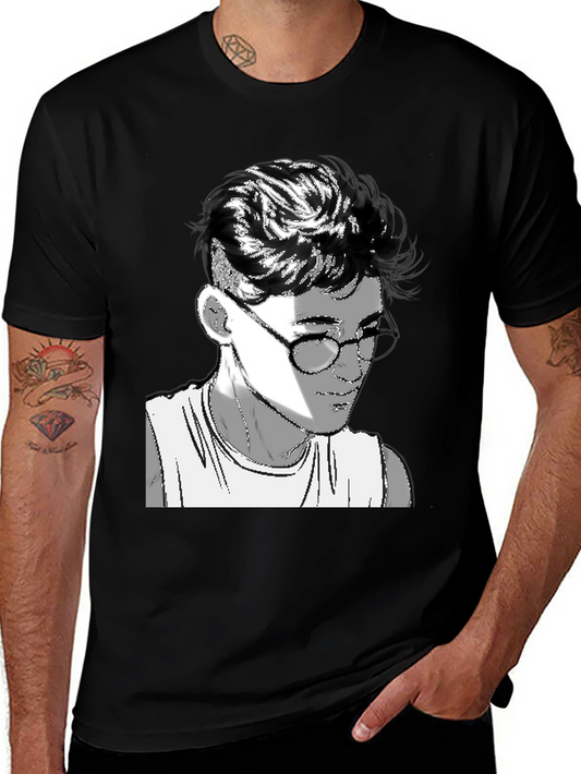 Mens Black Graphic Tee - Retro Anime Design