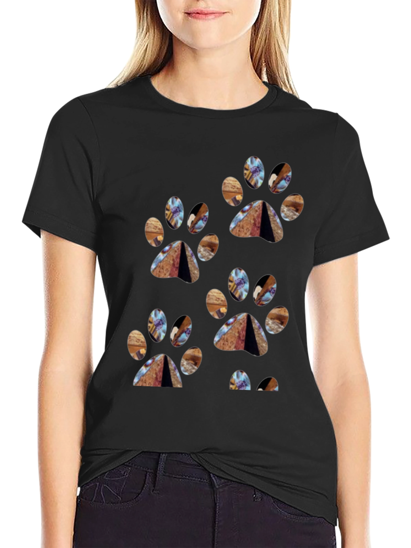 Paw Print Patterned Black T-Shirt