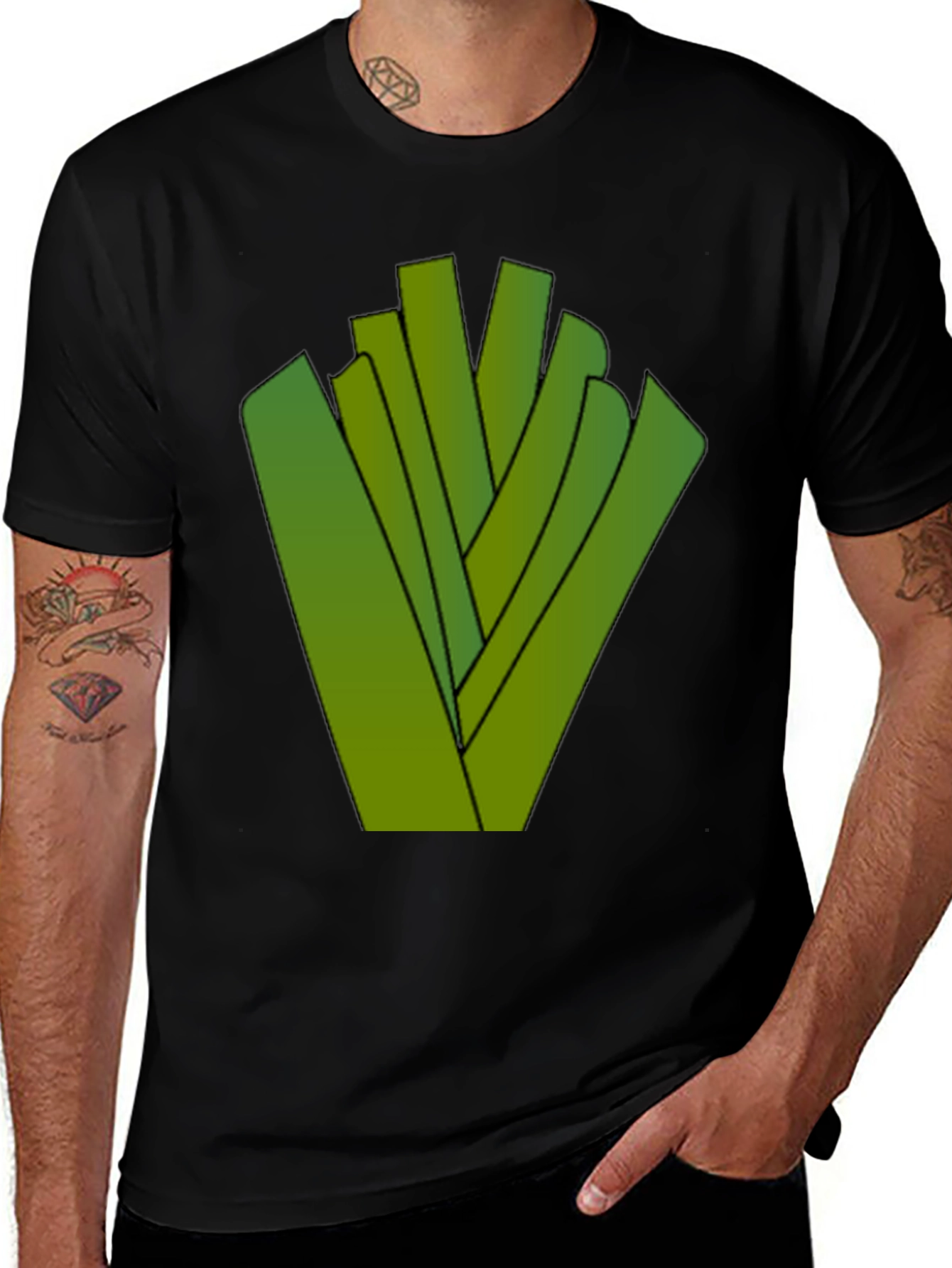 Abstract Green Sticks Design Black T-Shirt