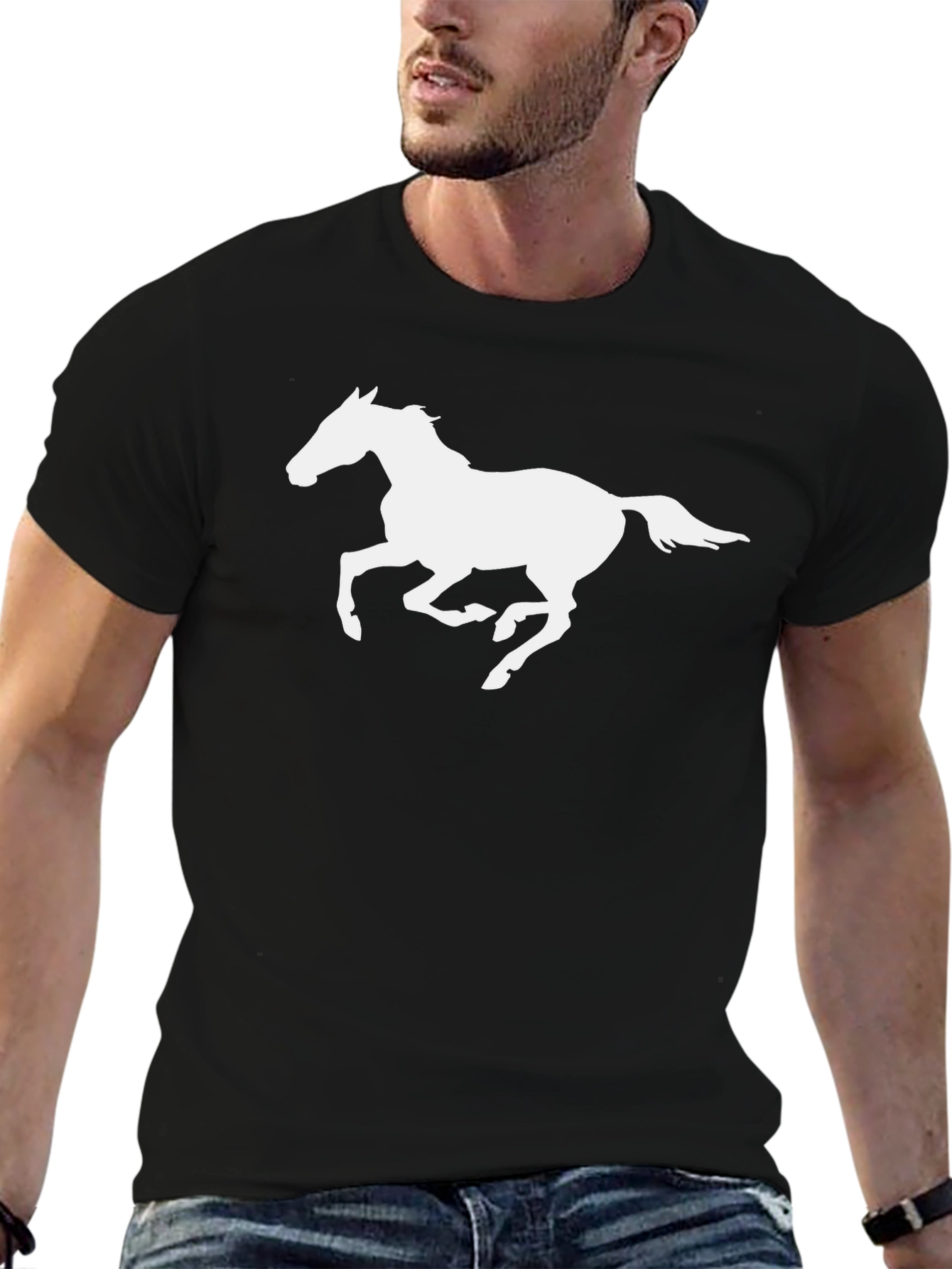 Black T-Shirt with White Horse Graphic
