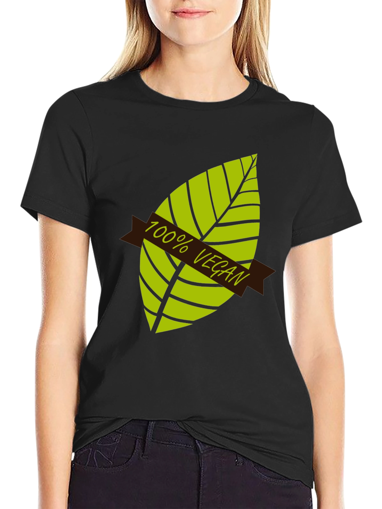 100% Vegan Graphic T-Shirt - Black Leaf Design