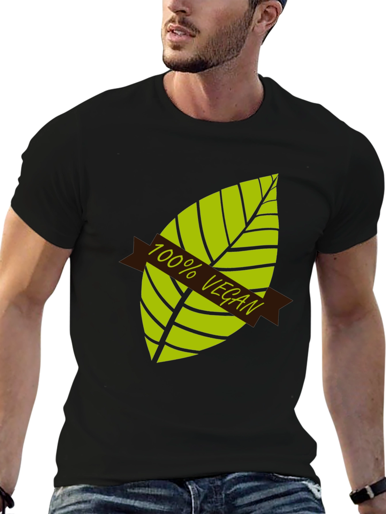 100% Vegan Graphic T-Shirt - Black Leaf Design