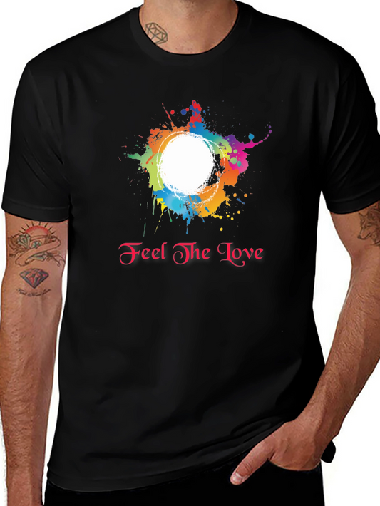 Feel the Love Black T-Shirt with Colorful Splatter Design