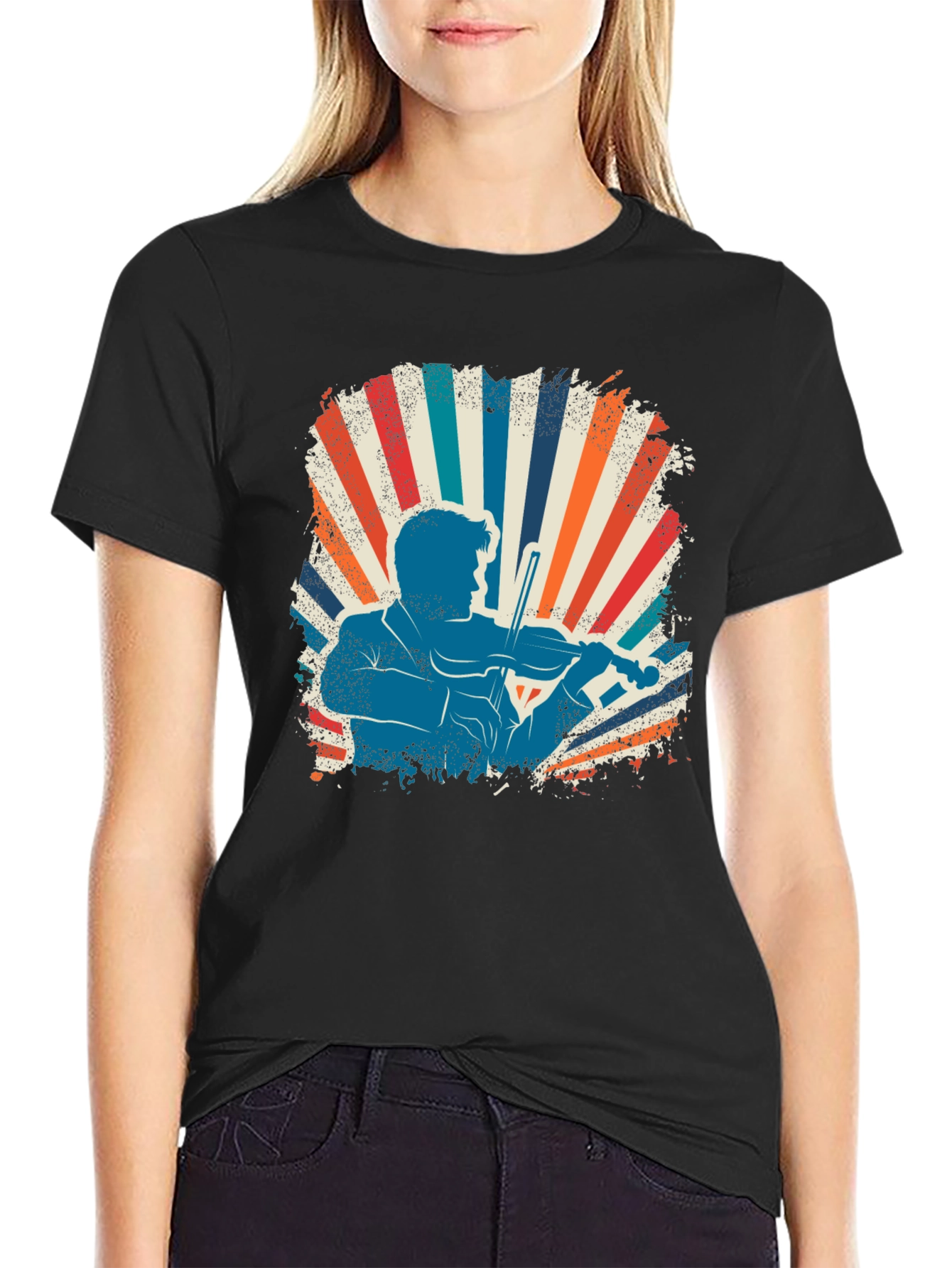 Retro Violinist Graphic Tee - Black Cotton Blend